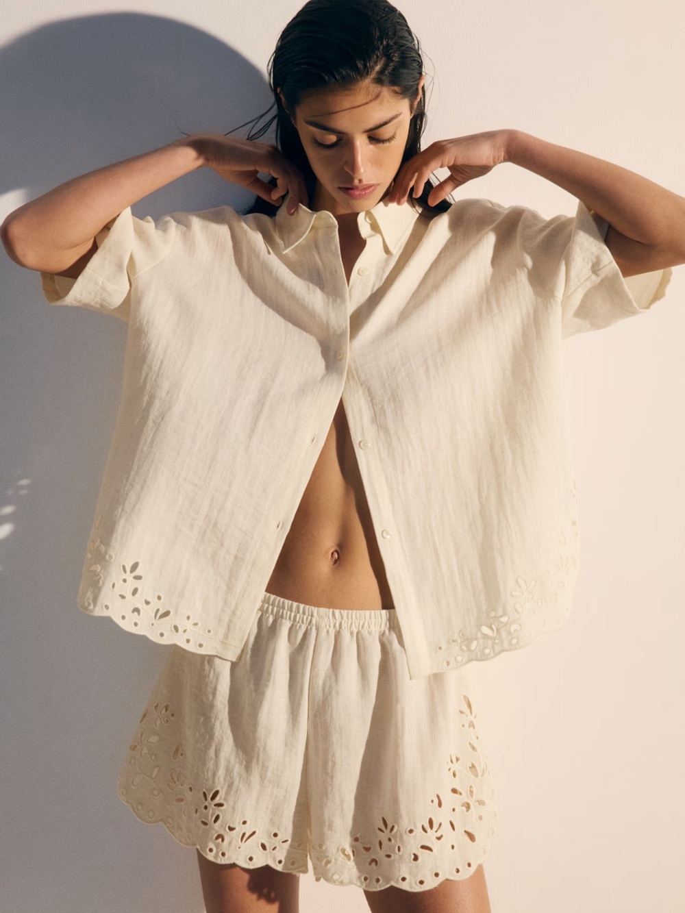 BEACH SUIT WITH EYELET EMBROIDERY 
Short Sleeve Button-Up Blouse and Shorts